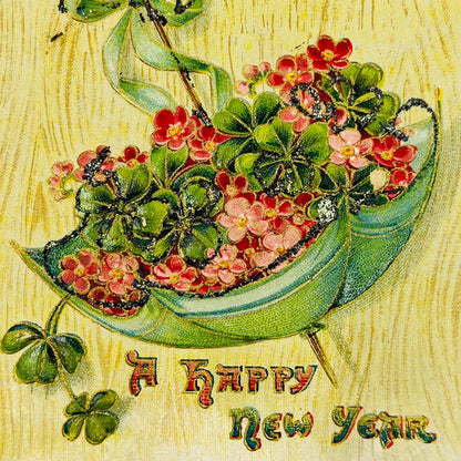 1910s Christmas New Year’s Post Card Embossed Dresden Gilt Clover Mica Holly PA3