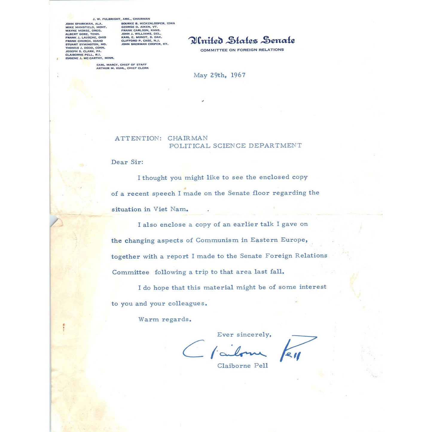 Claiborne Pell Signed Letter on United States Senate Stationery May 1967 TK1-P6