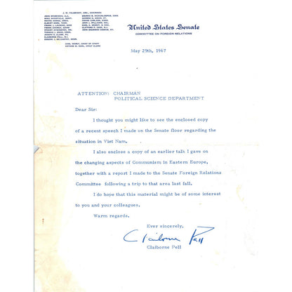 Claiborne Pell Signed Letter on United States Senate Stationery May 1967 TK1-P6