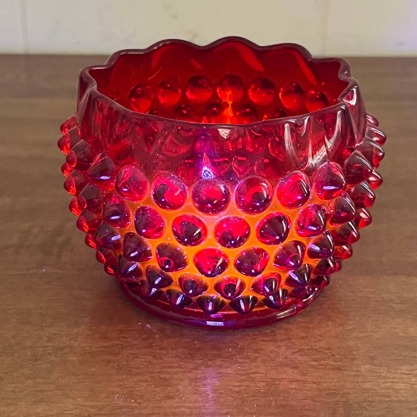 1950s Fenton Ruby Red AMBERINA Hobnail Candy Dish 3x4 Sweetmeat Dresser Jar TB2
