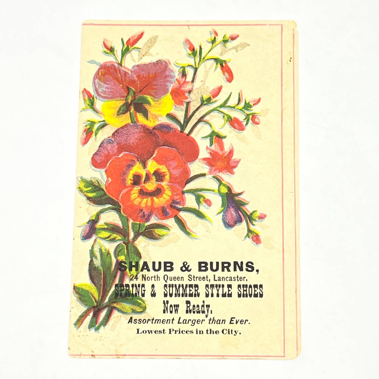 1880s Victorian Trade Card Shaub & Burns Spring Summer Shoes Lancaster PA AB6