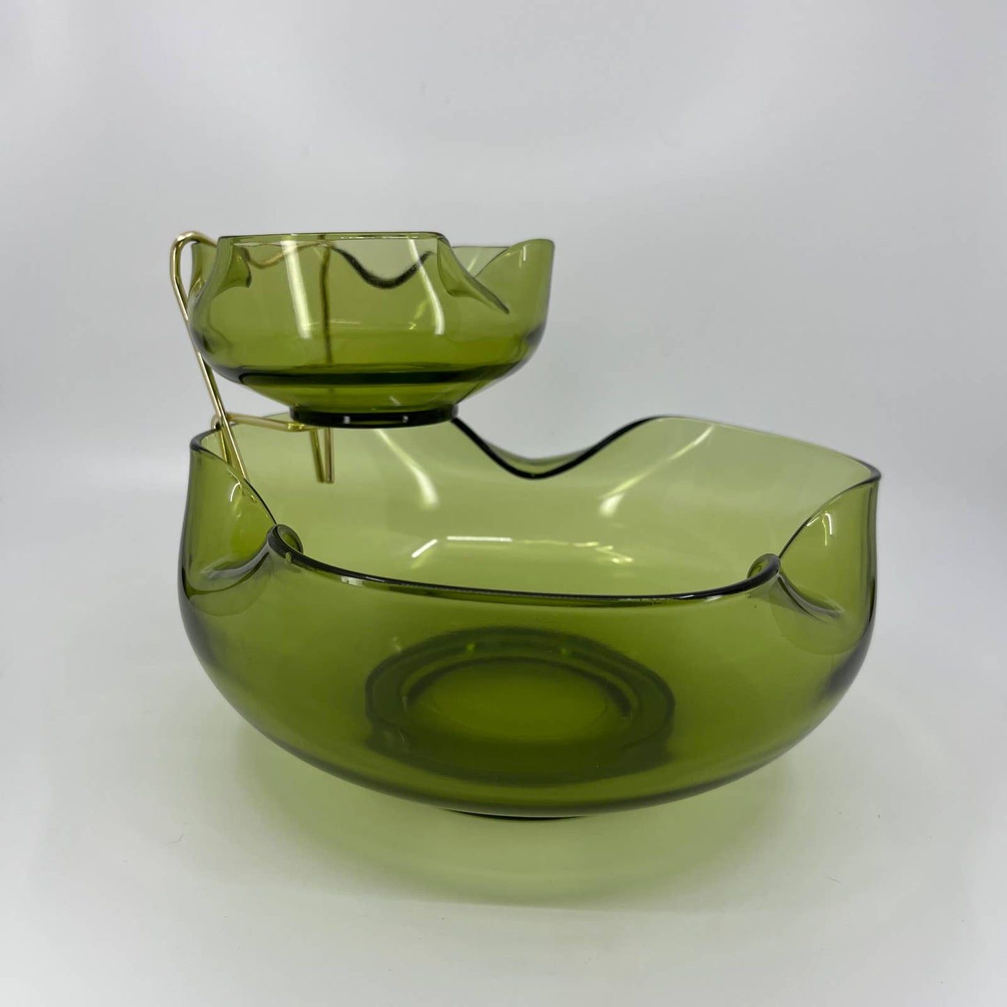 Vintage Anchor Hocking Pinched Avocado Green Glass Chip & Dip Set Bowl 9.25” TB3