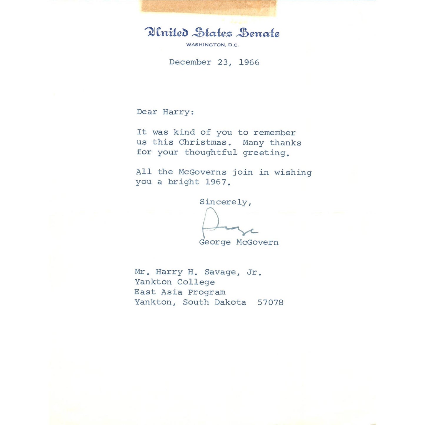 South Dakota Senator George McGovern Official Letterhead Signed Dec 1966 TK1-GM