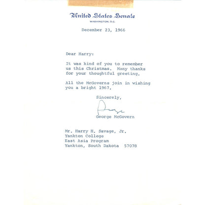 South Dakota Senator George McGovern Official Letterhead Signed Dec 1966 TK1-GM