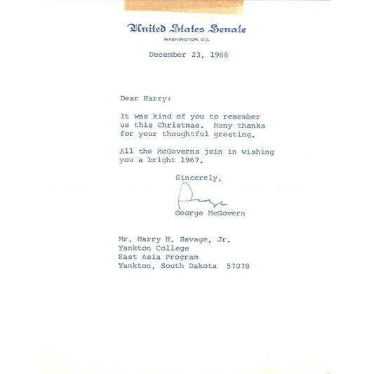 South Dakota Senator George McGovern Official Letterhead Signed Dec 1966 TK1-GM