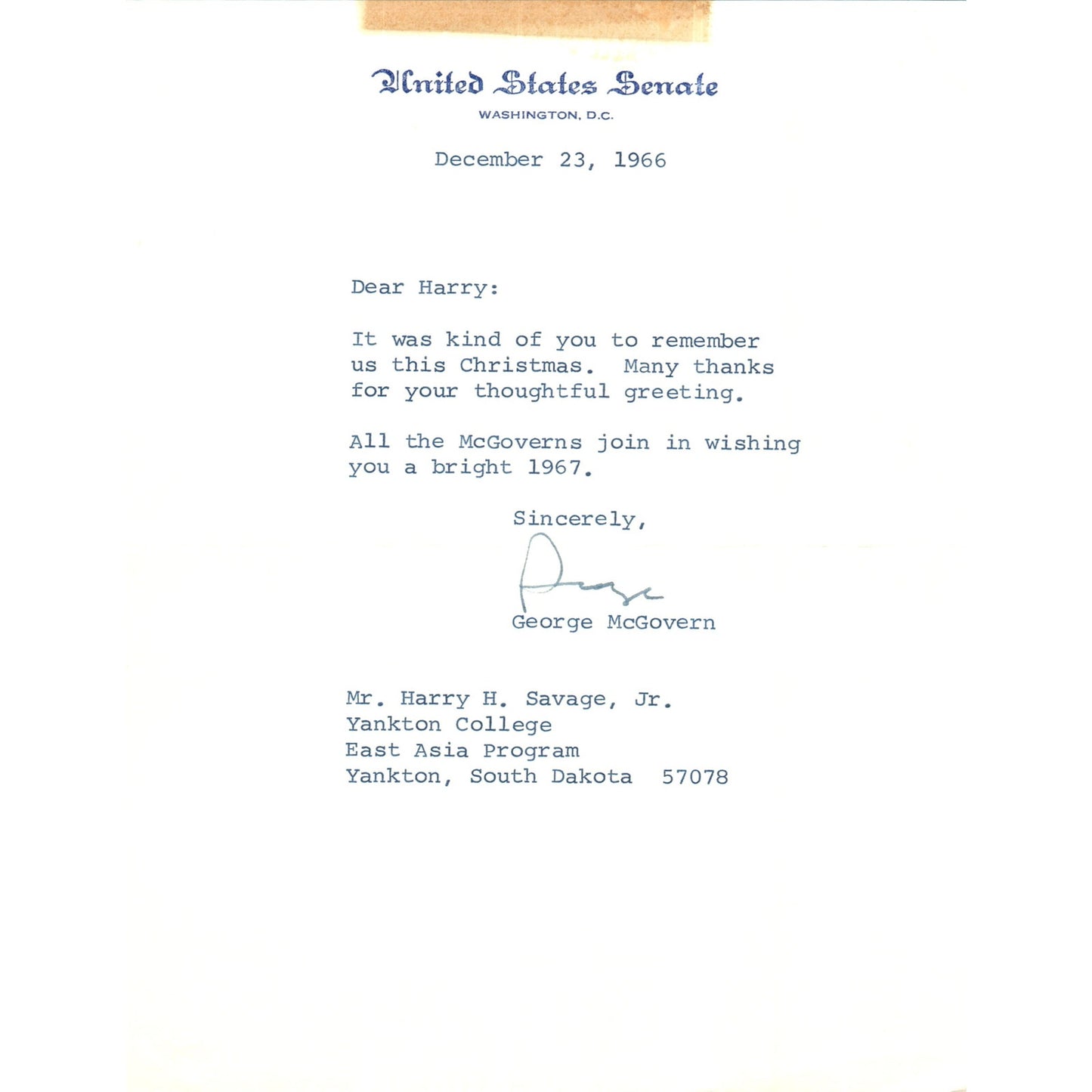 South Dakota Senator George McGovern Official Letterhead Signed Dec 1966 B12