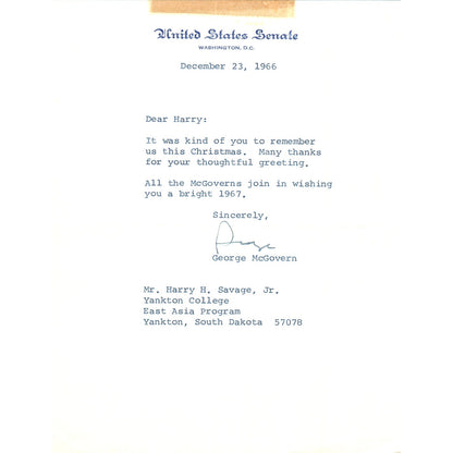 South Dakota Senator George McGovern Official Letterhead Signed Dec 1966 B12