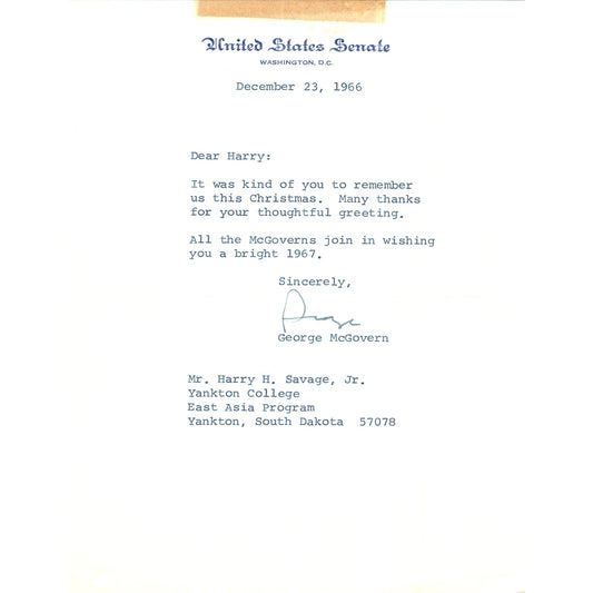 South Dakota Senator George McGovern Official Letterhead Signed Dec 1966 B12