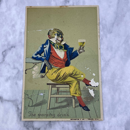 1880s Victorian Trade Card Toxicated Anthropomorphic Monkey Morning Drink EA4