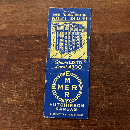 Hotel Leon Hutchinson Kansas Advertising Matchbook Cover SB3-M5