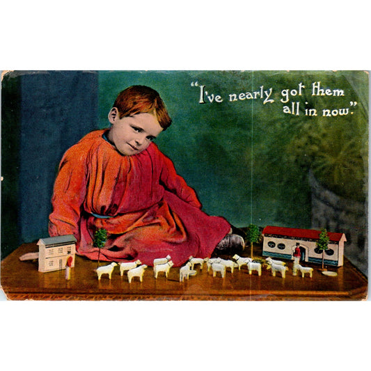 Little Boy Playing Shepherd Sheep Original Postcard P2-8