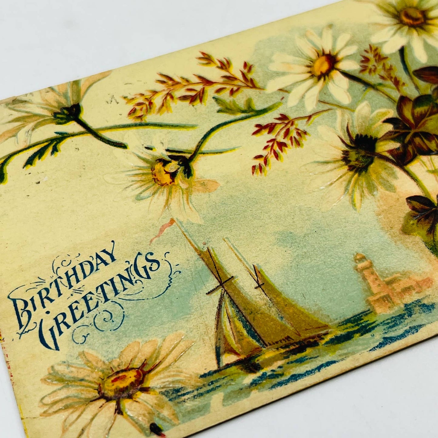 1909 Birthday Post Card Embossed Daisies Sailboat PA5