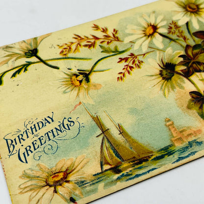 1909 Birthday Post Card Embossed Daisies Sailboat PA5