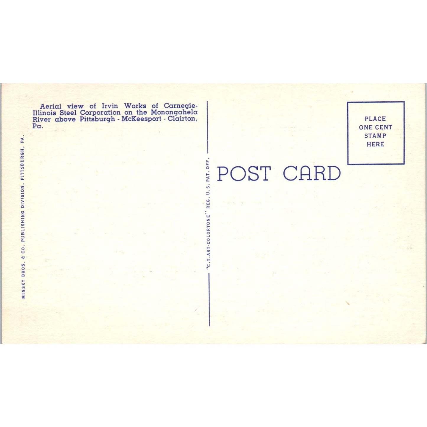 Vtg Postcard Irvin Works Carnegie-Illinois Steel Corp Monongahela River TD8-P2