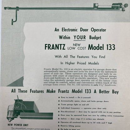 1950s Frantz Mfg Co Electric Garage Door Operator 133 Advertising Leaflet AC8