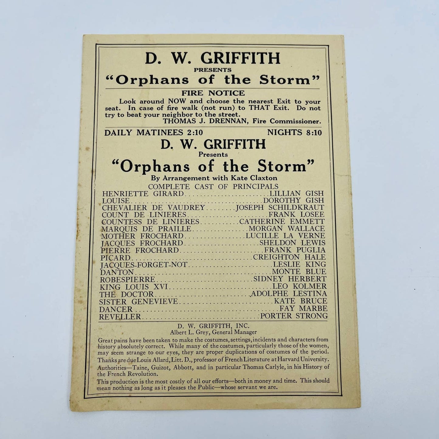 1921 D.W. Griffith Orphans of the Storm Program Kate Claxton Albert L. Grey D6