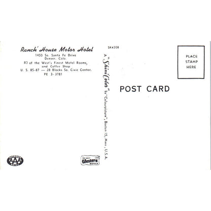 Ranch House Motor Hotel Church Denver Colorado Original Postcard TK1-29