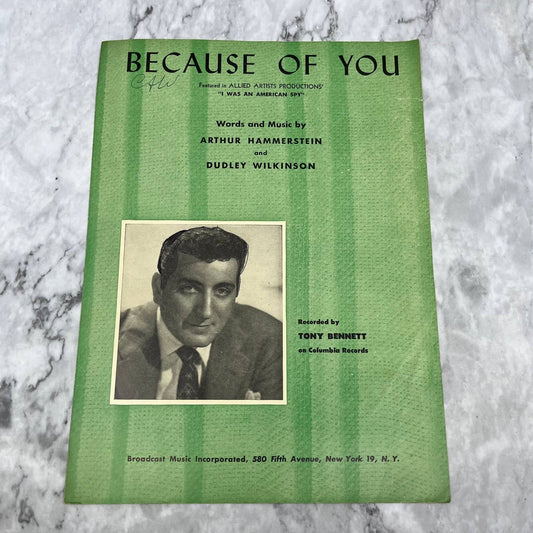 Because of You Hammerstein Tony Bennett American Spy Piano Sheet Music VTG