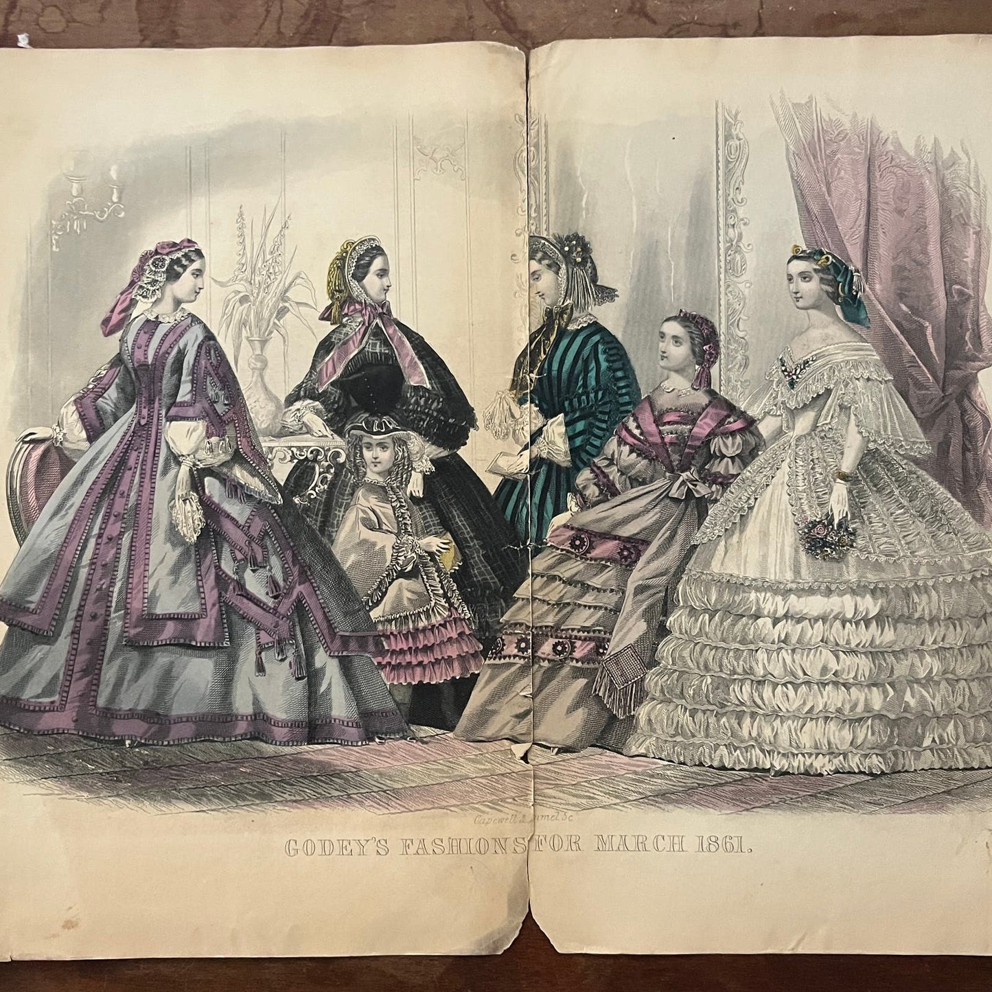 1861 Fashions For March Tinted Engraving Print Godey's Lady's Book D4-3