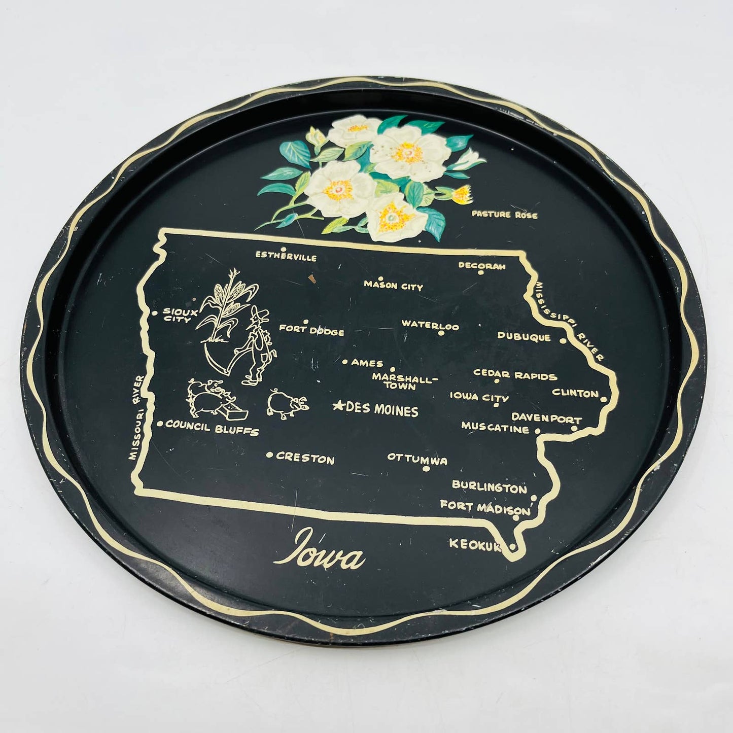 Vintage Black & Gold Metal State Souvenir Plate Tray Iowa 11” TC7