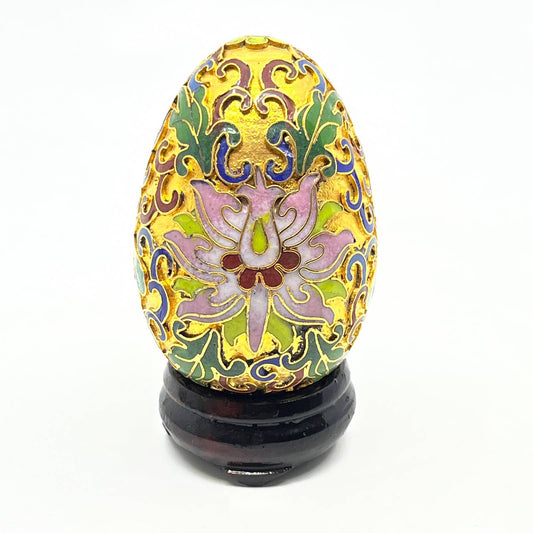 Vintage 3" Cloisonné Decorative Egg Gold Multi Floral Decoration W Stand SD7