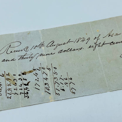 1849 Handwritten Receipt Thor Dyson to Asa Oliver AA5