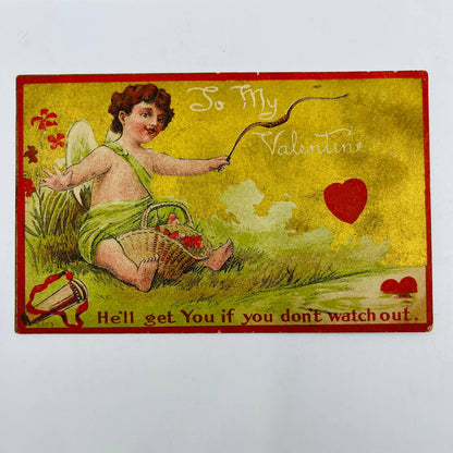 1900s Valentine’s Post Card Cupid Flowers Bow & Arrow Gold Background PA3