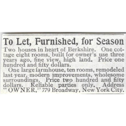 Houses for Rent in Berkshire New York - 1903 Original Ad TJ8-7-4