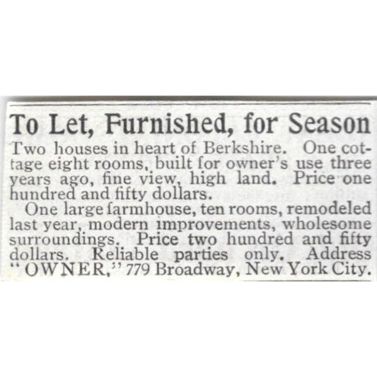 Houses for Rent in Berkshire New York - 1903 Original Ad TJ8-7-4
