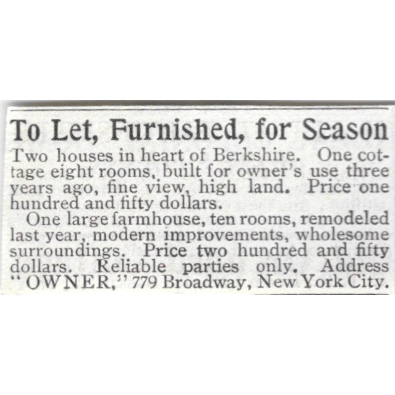 Houses for Rent in Berkshire New York - 1903 Original Ad AK5-S31