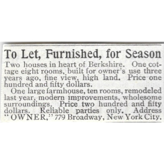 Houses for Rent in Berkshire New York - 1903 Original Ad AK5-S31