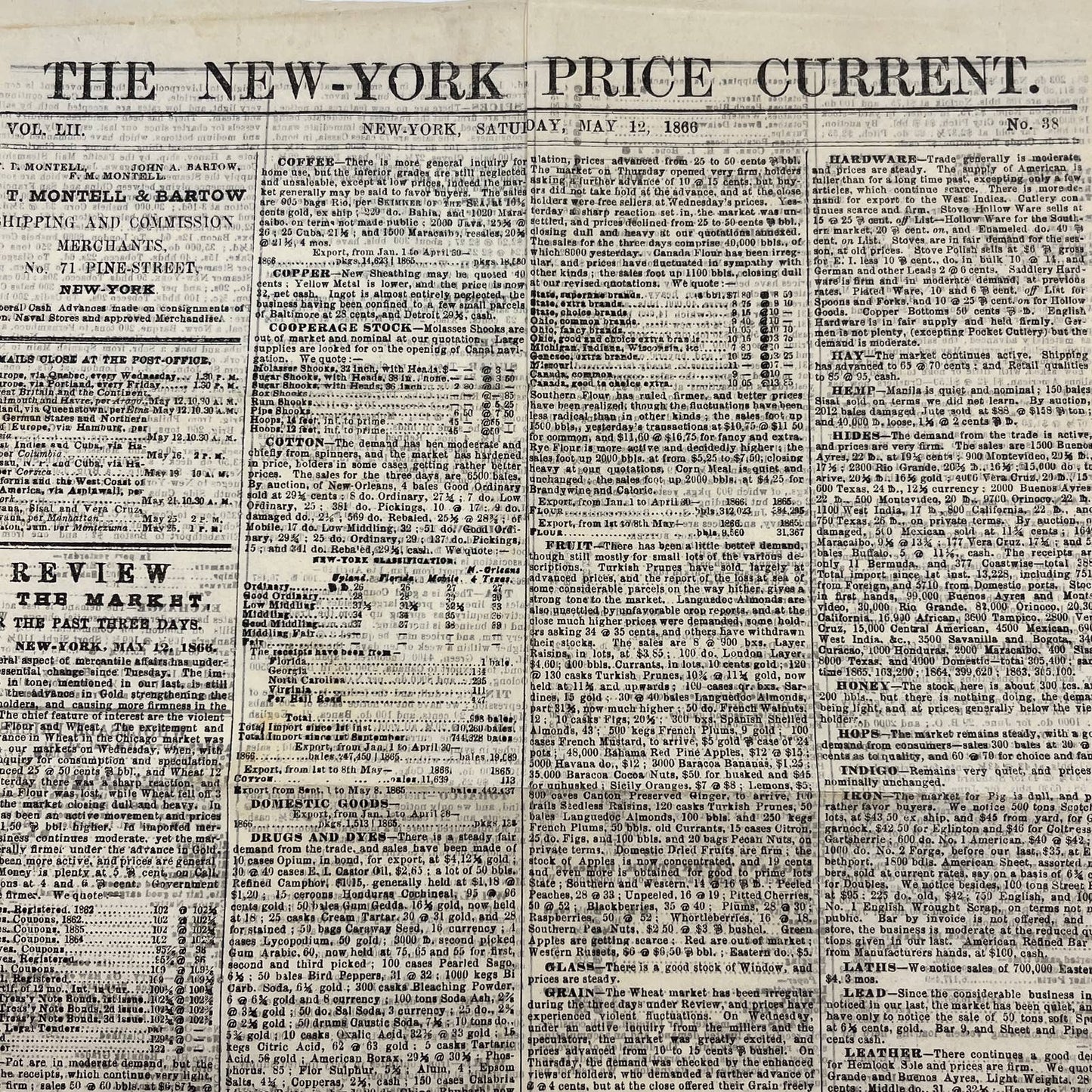 1866 New York Price Current Newspaper Stock Market Review May 12 No. 38 AC2