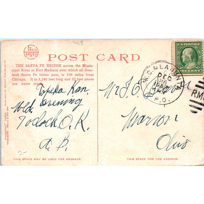 Santa Fe Bridge Across the Mississippi at Ft. Madison IA 1909 Postcard TK1-P1