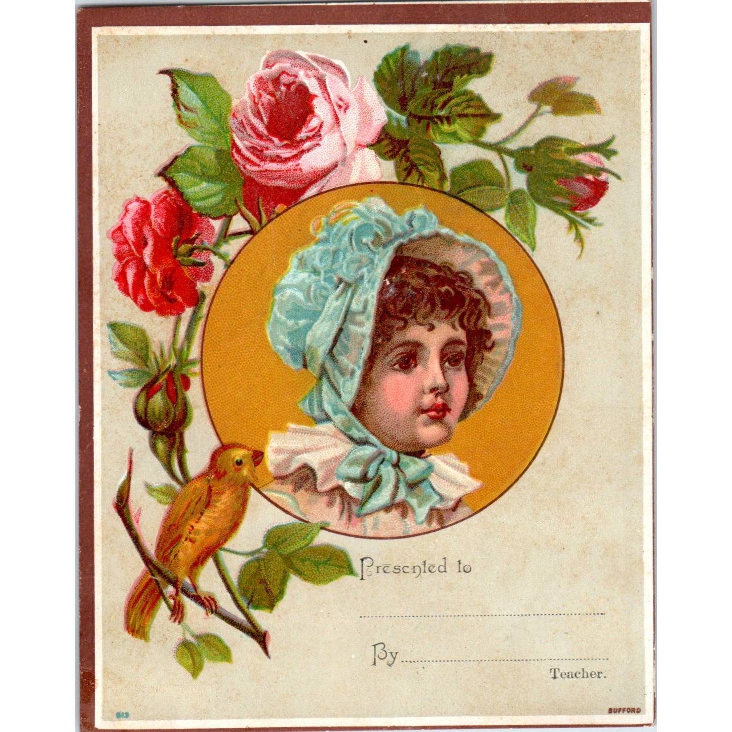 1880s Victorian Trade Card Blank Reward of Merit Blue Bonnet Girl & Bird SF2