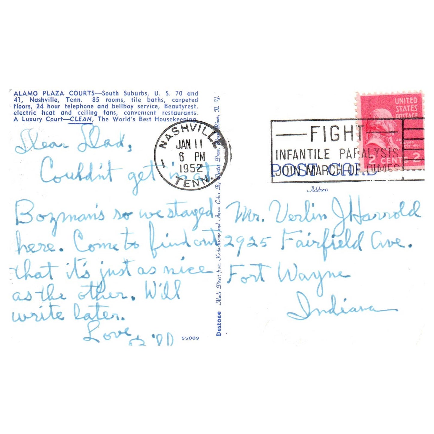 Vintage Postcard - Alamo Plaza Courts Nashville Tennessee 1952 AD9