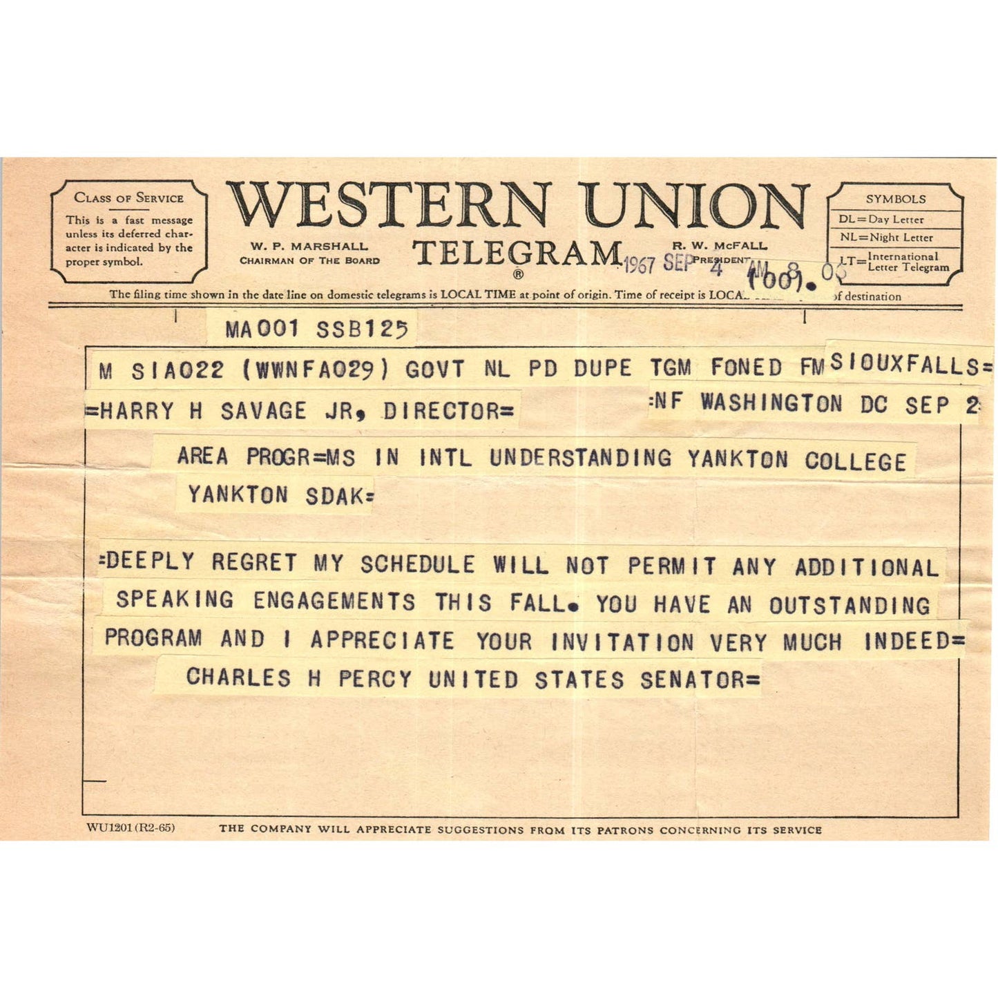 Western Union Telegram from Senator Charles H. Percy 1963 TK1-P6