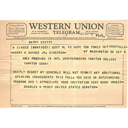 Western Union Telegram from Senator Charles H. Percy 1963 TK1-P6