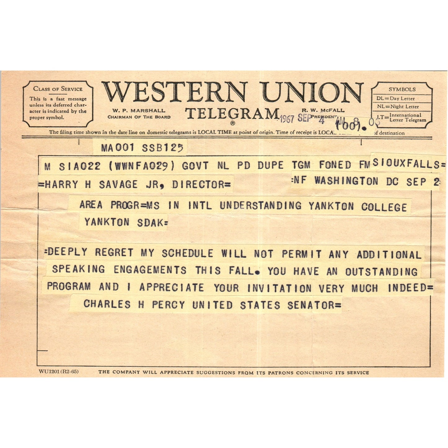 Western Union Telegram from Senator Charles H. Percy 1963 B11