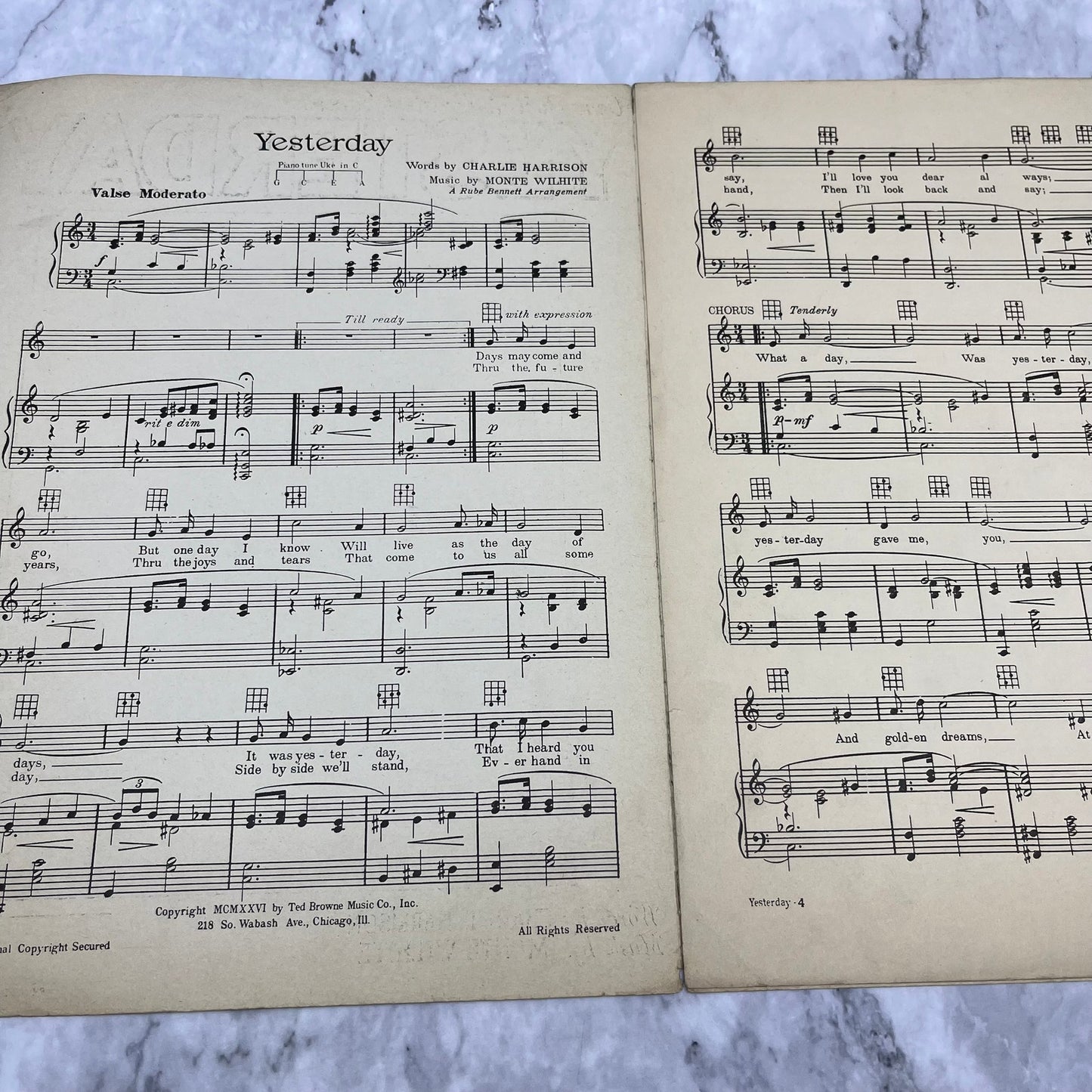 Gene Austin Sheet Music Yesterday 1920s Waltz Piano Ukulele Monte Wilhite V42-2