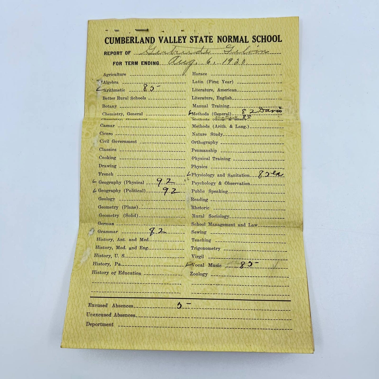 1918 & 20 Cumberland Valley State Normal School Report Cards Gertrude Gelvin AA7