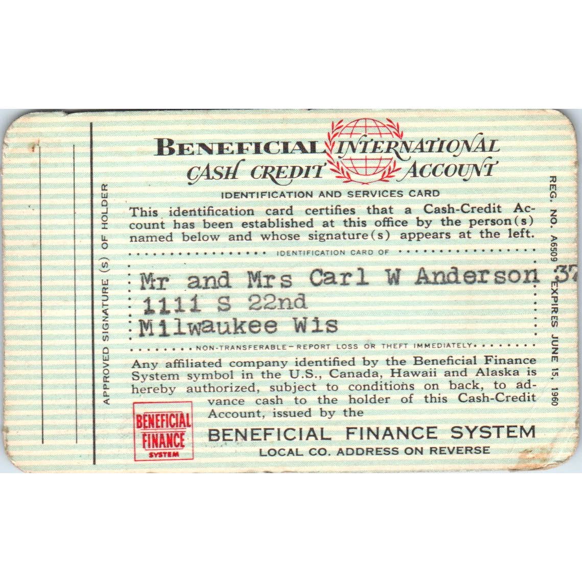 1959 Beneficial Finance System Cash Credit Account Card Milwaukee Obsolete SE5-2