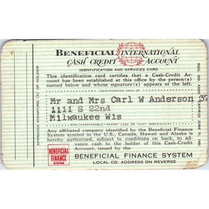 1959 Beneficial Finance System Cash Credit Account Card Milwaukee Obsolete SE5-2