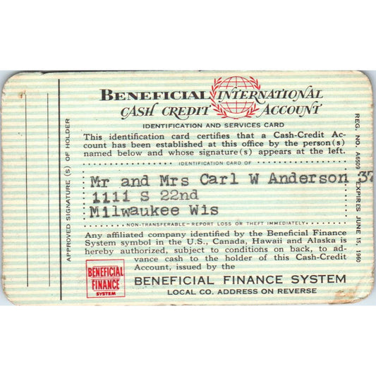 1959 Beneficial Finance System Cash Credit Account Card Milwaukee Obsolete SE5-2