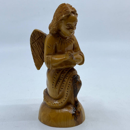 Vtg Solid Olive Wood Hand Carved Guardian Angel Praying 5” TF5