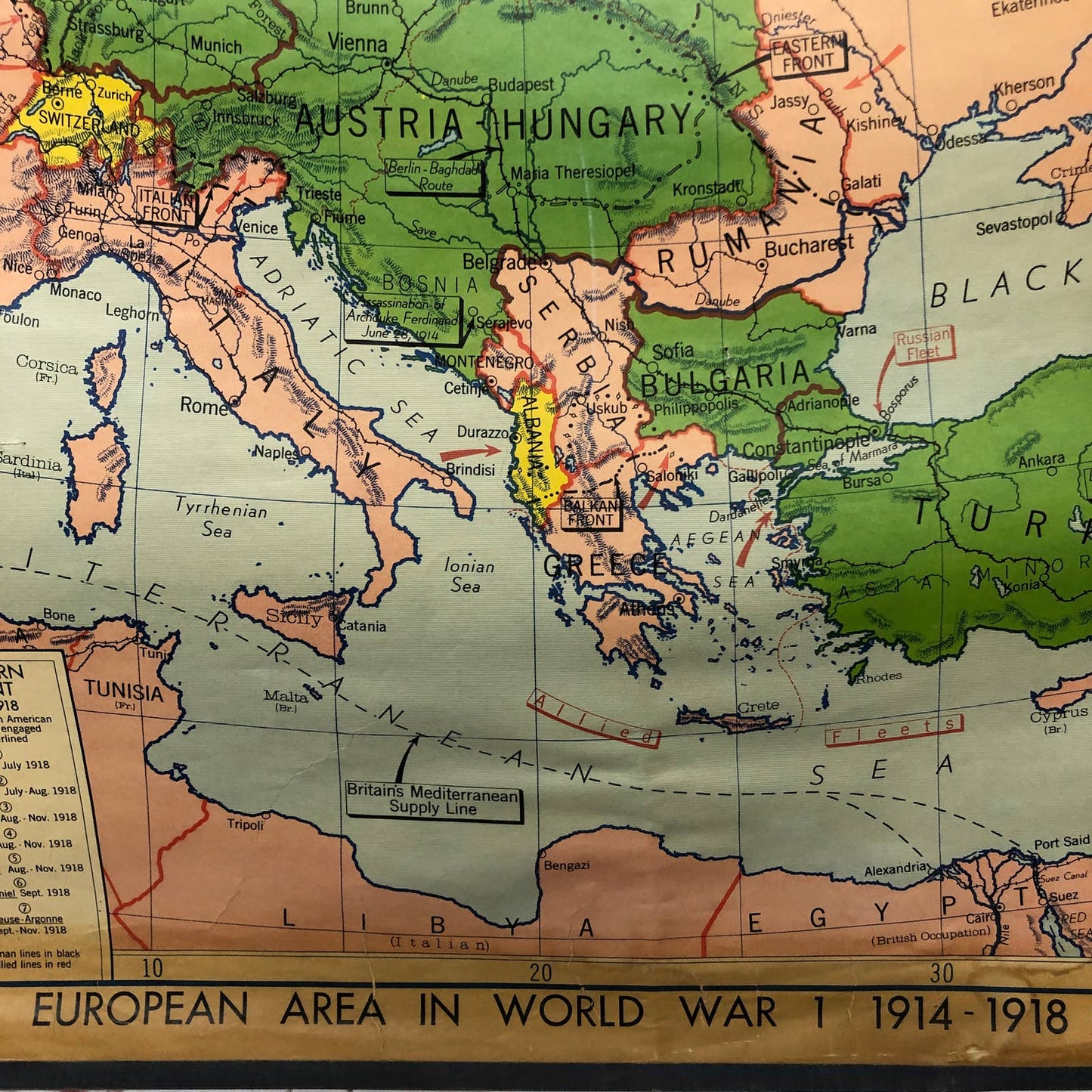 LARGE WWI 1956 Denoyer-Geppert Co. Wall Map European Area in WWI 1914-1918