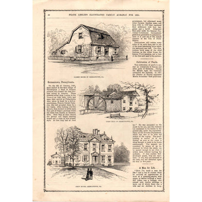 1885 Engraving Germantown PA Oldest House, First Mill, Chew House 7.75x11" AD4