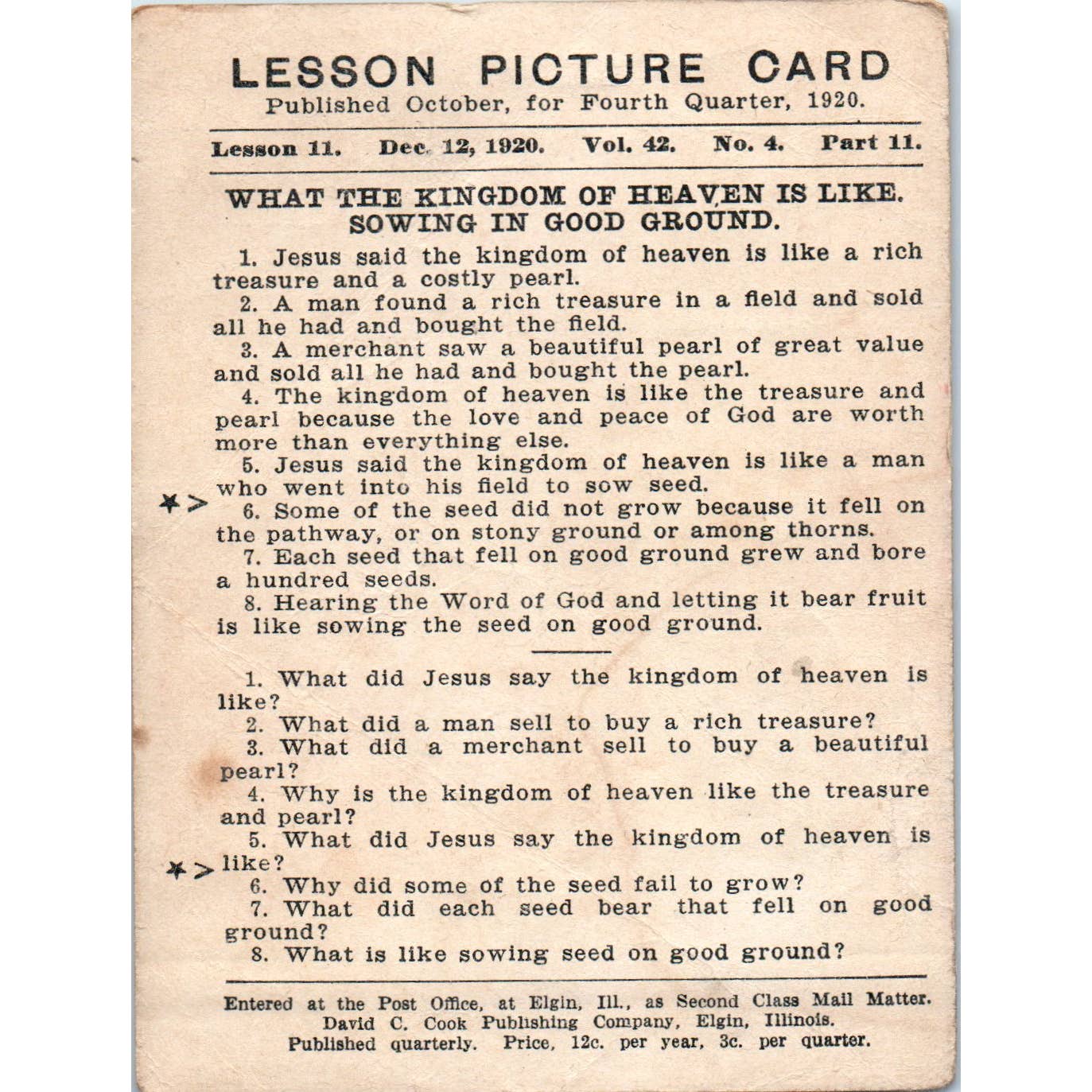 1920 Christian Lesson Picture Card What the Kingdom of Heaven is Like SE5