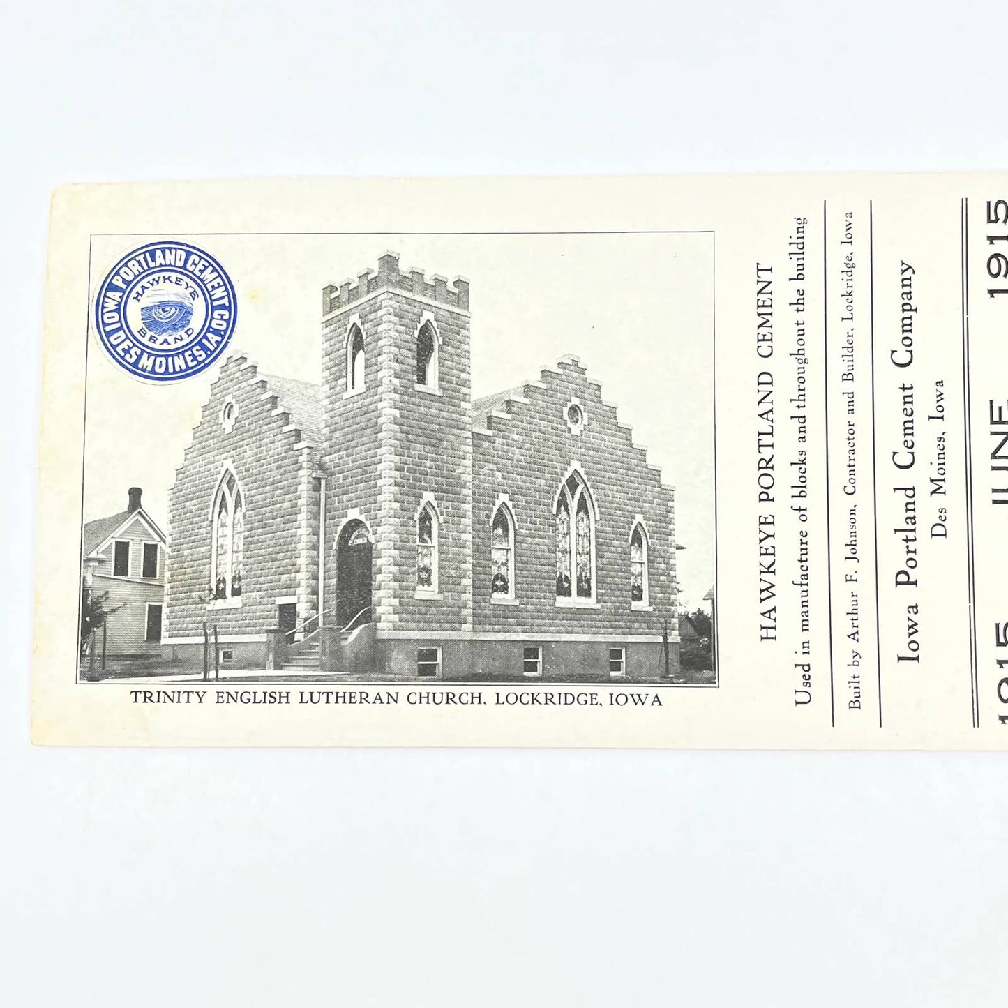 1916 Hawkeye Portland Cement Co Blotter Des Moines Trinity Lutheran Church AB8