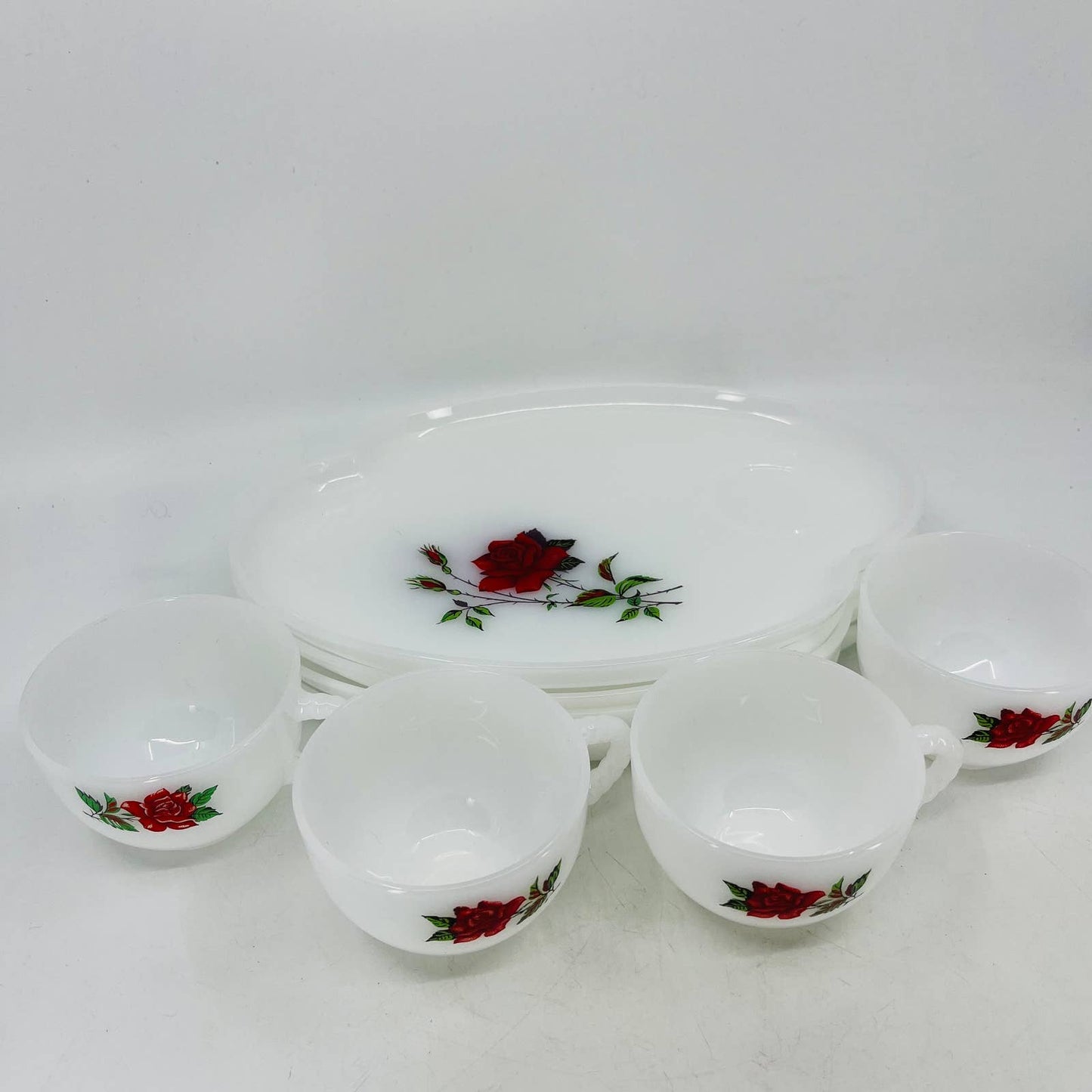 Vintage MCM Atomic 8 Piece Federal Milk Glass Rosecrest Snack Set Roses TC4