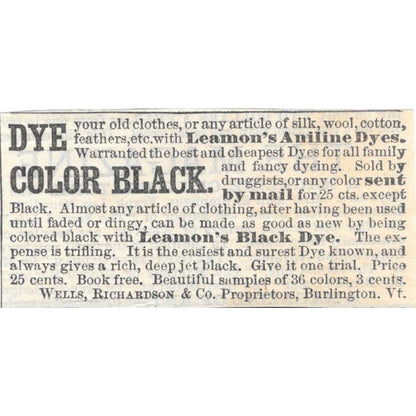 Leamon's Aniline Dyes Wells, Richardson & Co Burlington VT - Ad 1878 TJ7-L2-3